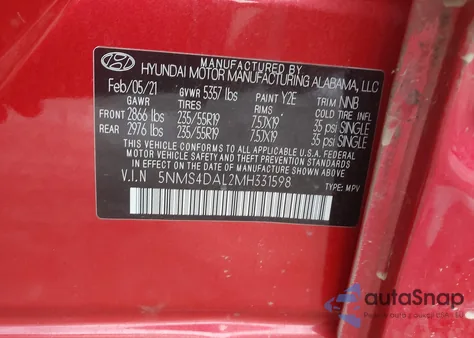 2021 Hyundai Santa Fe Limited from USA, damaged, VIN 5NMS4DAL2MH331598